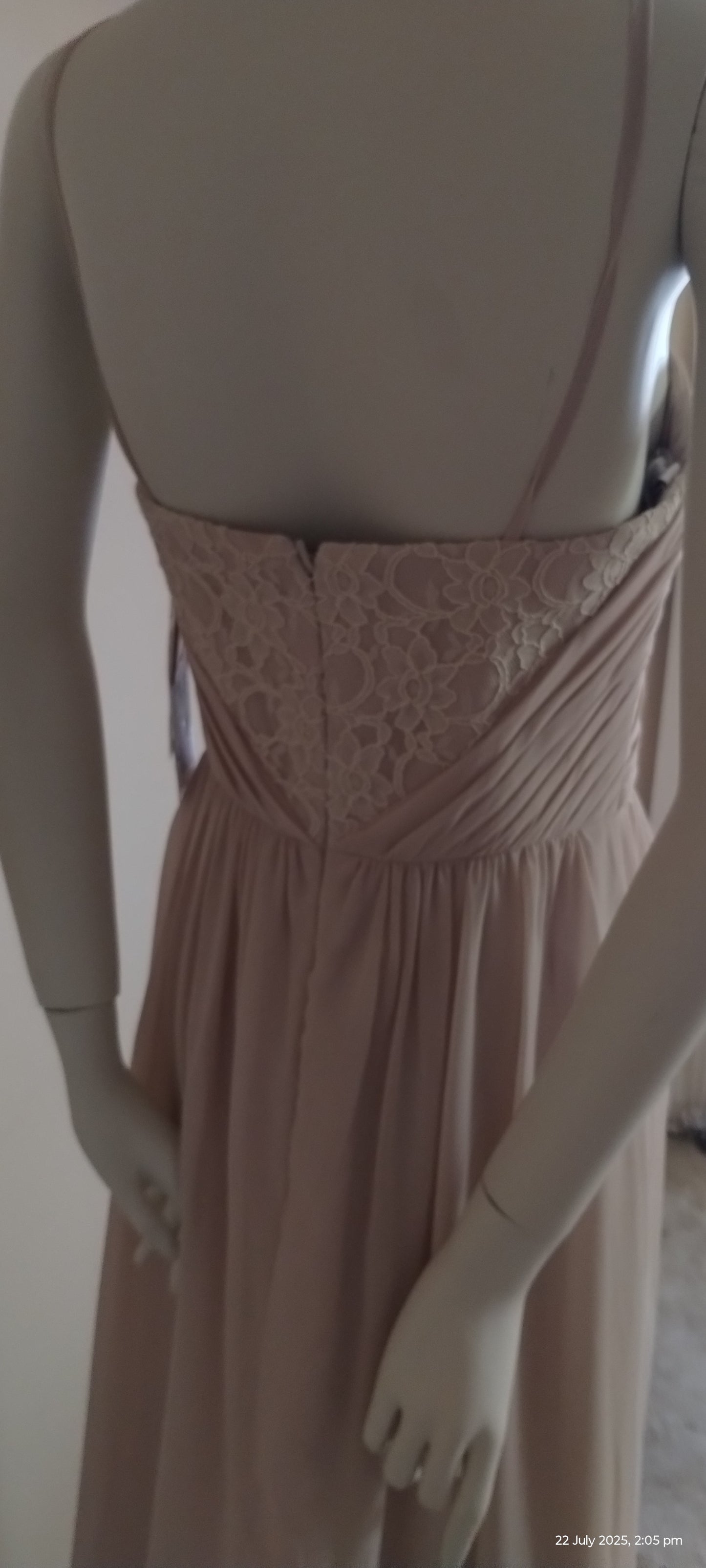 D Size 10 champagne full length dress with lace detailed bodice.