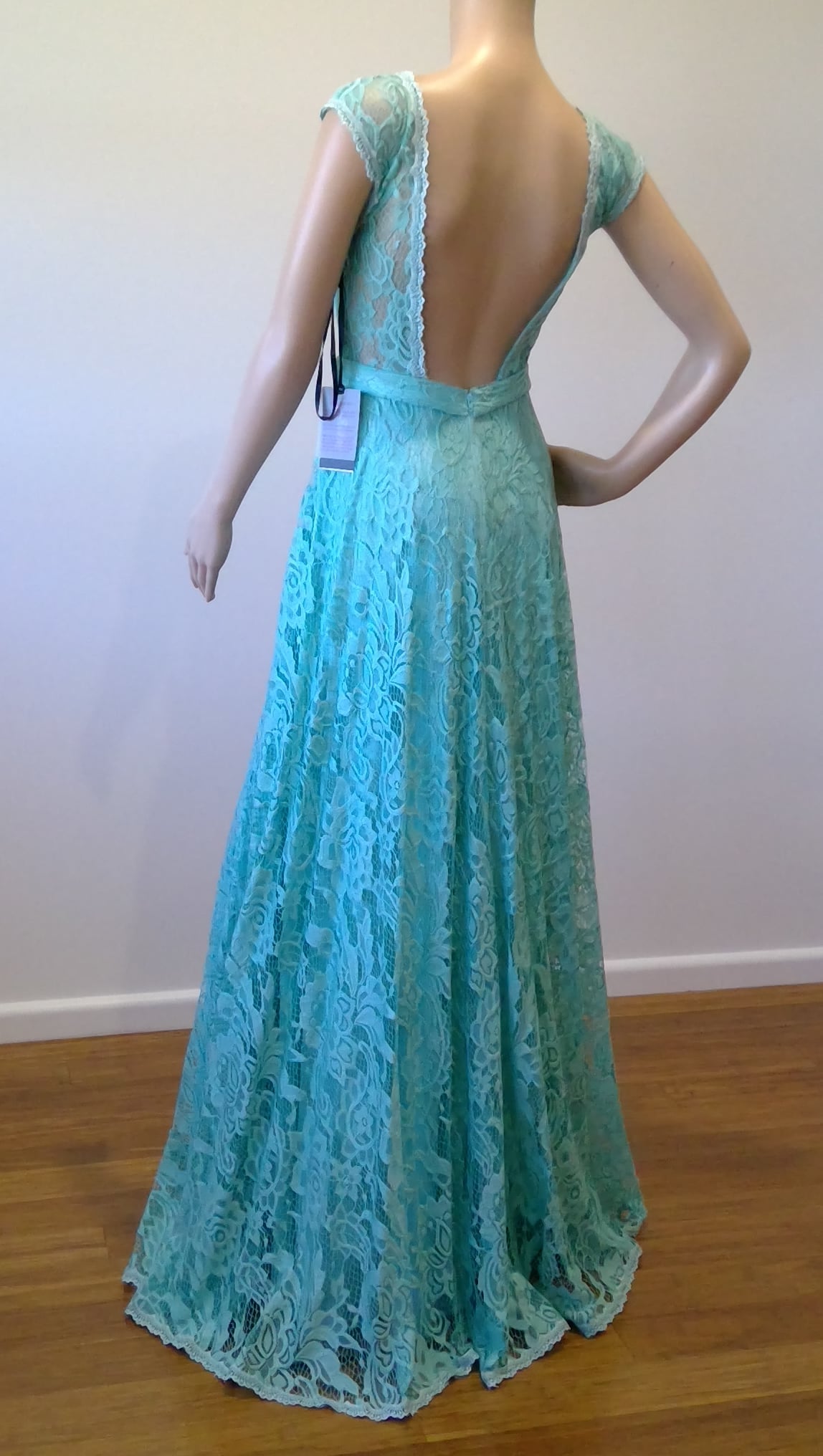 c size 8 Tiffany blue lace  deep backed dress