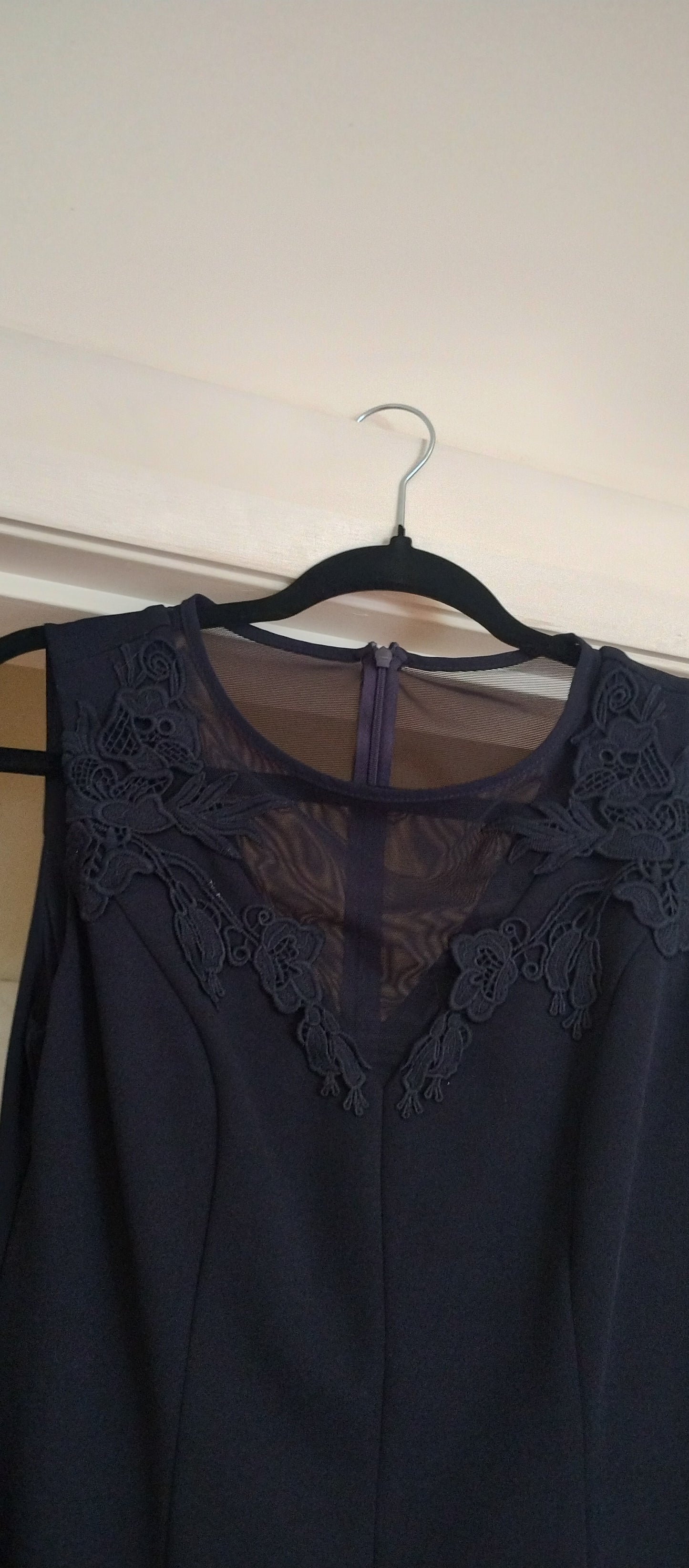 c Size 8 midnight blue princess line knee length. illusion v neck back and front.