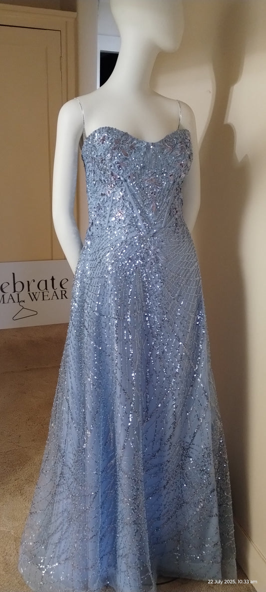 F size 16 blue sequinned full length dress