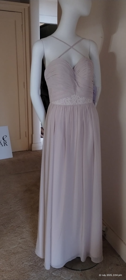D Size 10 champagne full length dress with lace detailed bodice.