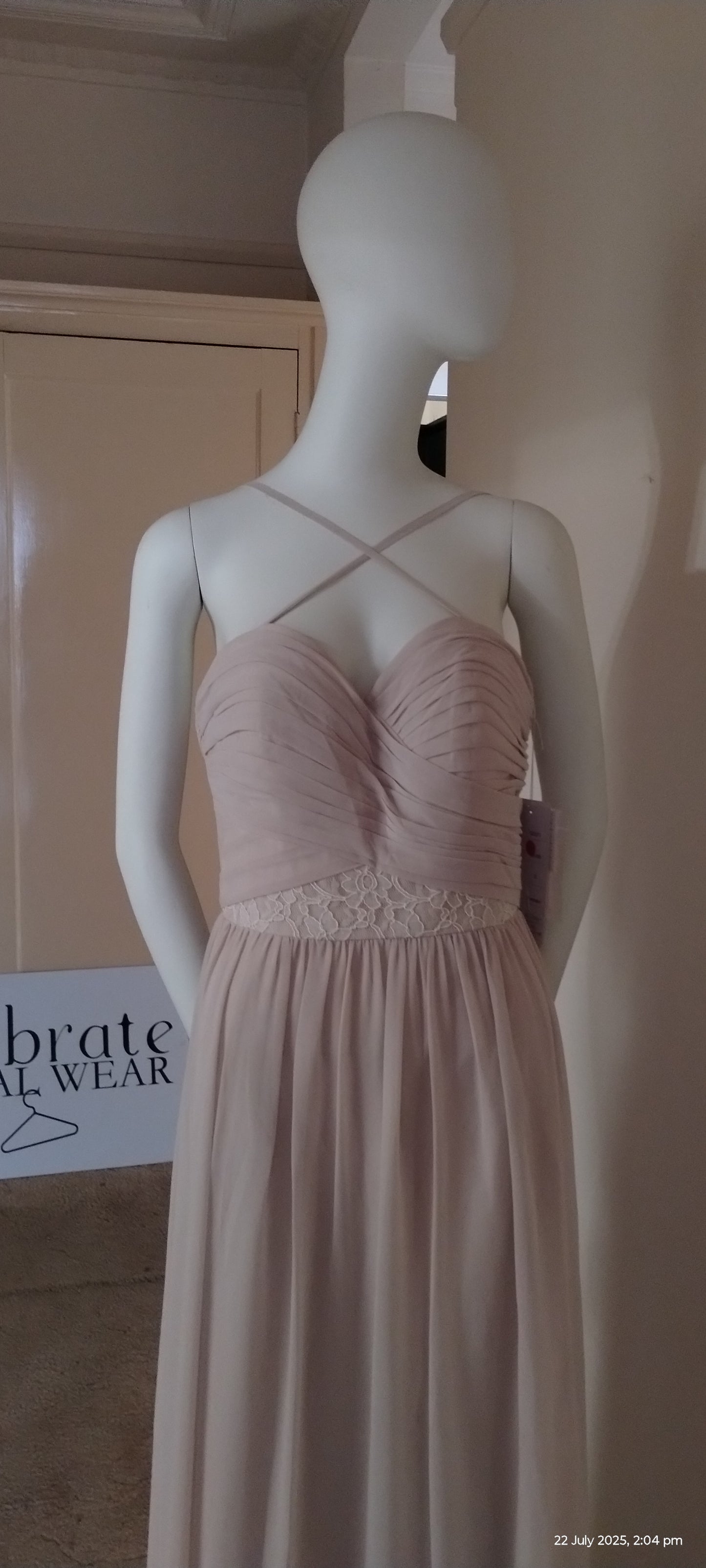 D Size 10 champagne full length dress with lace detailed bodice.