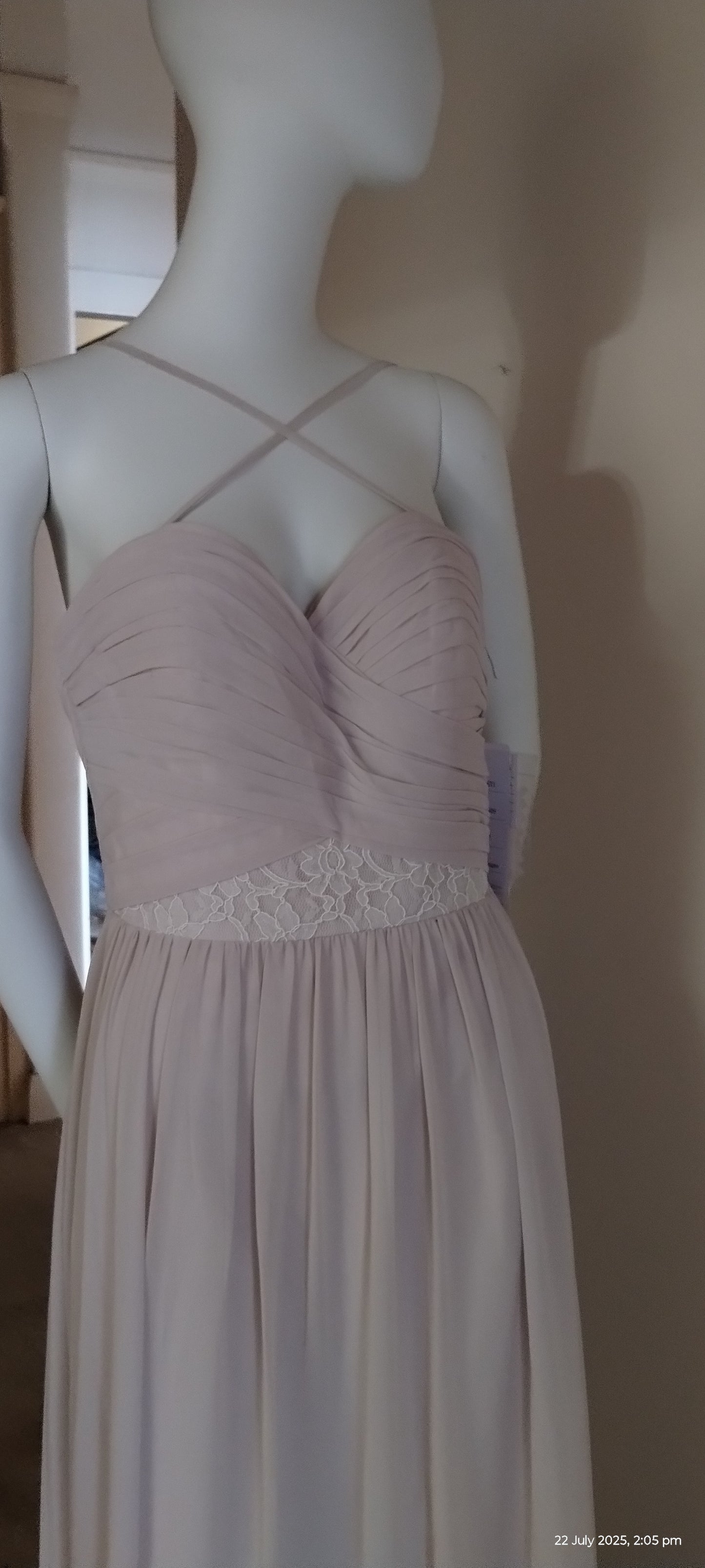 D Size 10 champagne full length dress with lace detailed bodice.