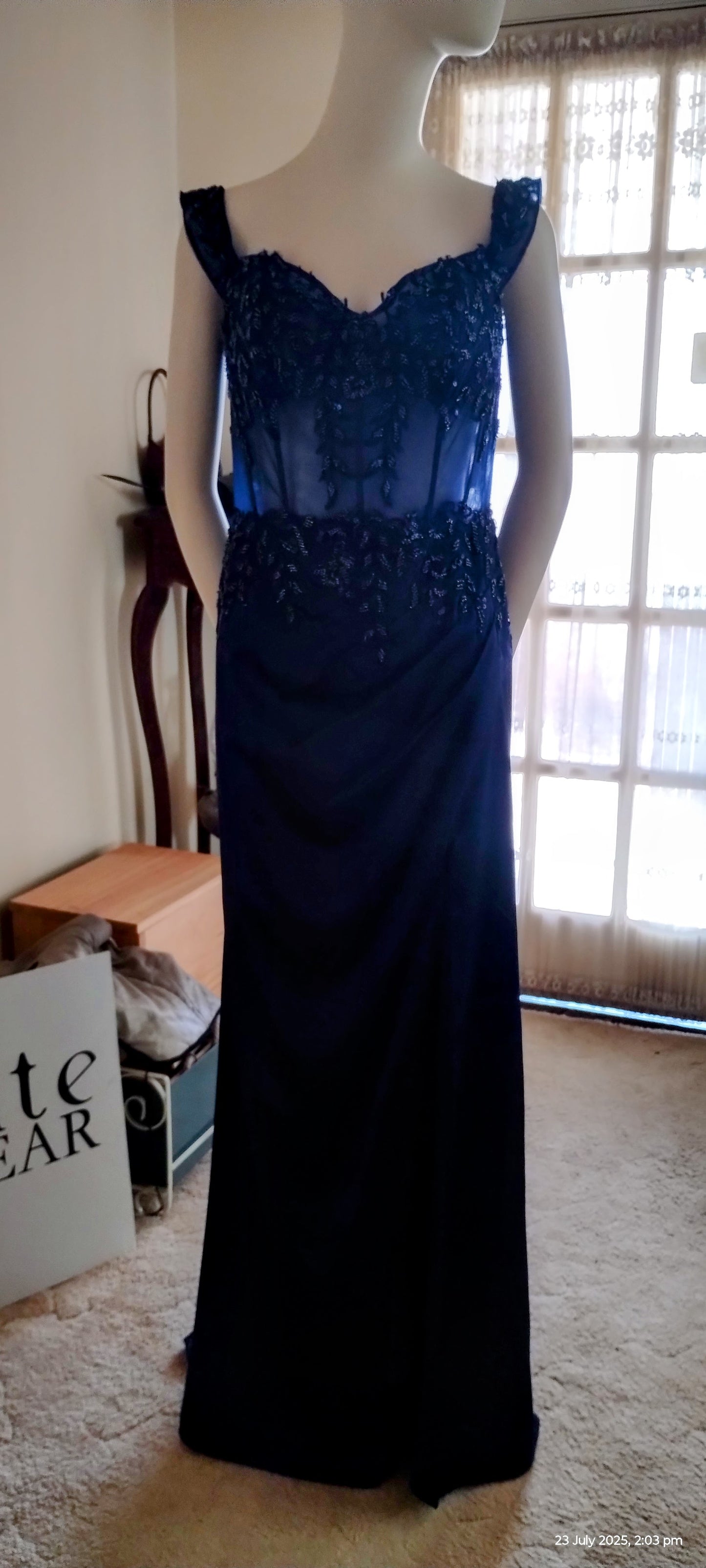 E Size 12 Navy see through corset long dress