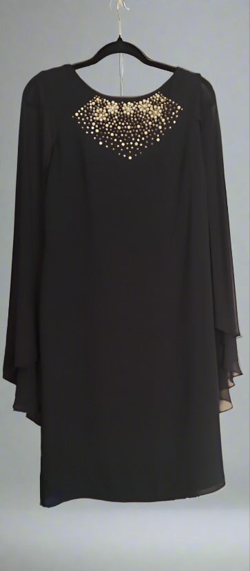 c size 8 navy straight knee length dress, georgette cape sleeves, with beaded neck detail.