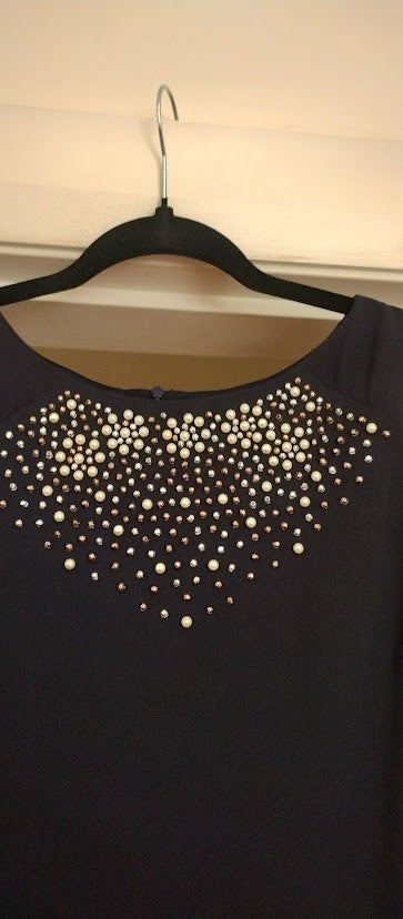c size 8 navy straight knee length dress, georgette cape sleeves, with beaded neck detail.