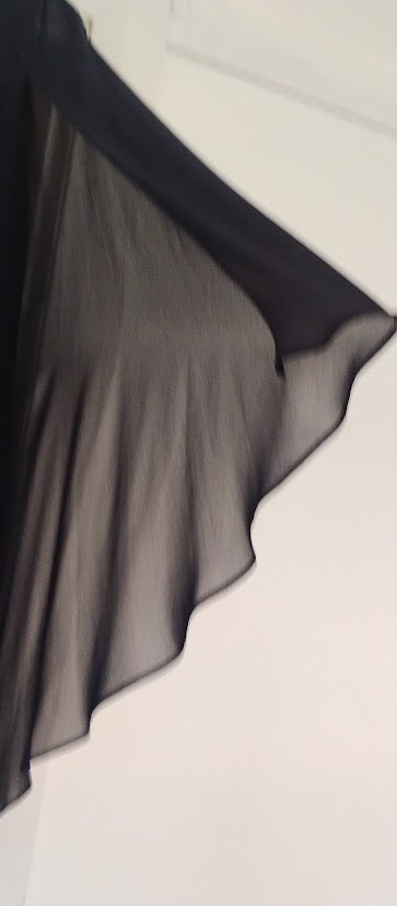 c size 8 navy straight knee length dress, georgette cape sleeves, with beaded neck detail.