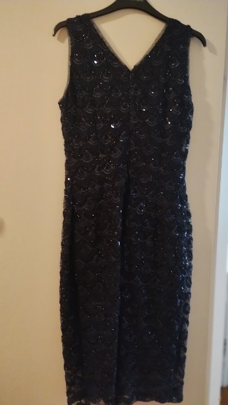 c Size 8 Navy sequinned straight to knee dress, V neck, sleeveless
