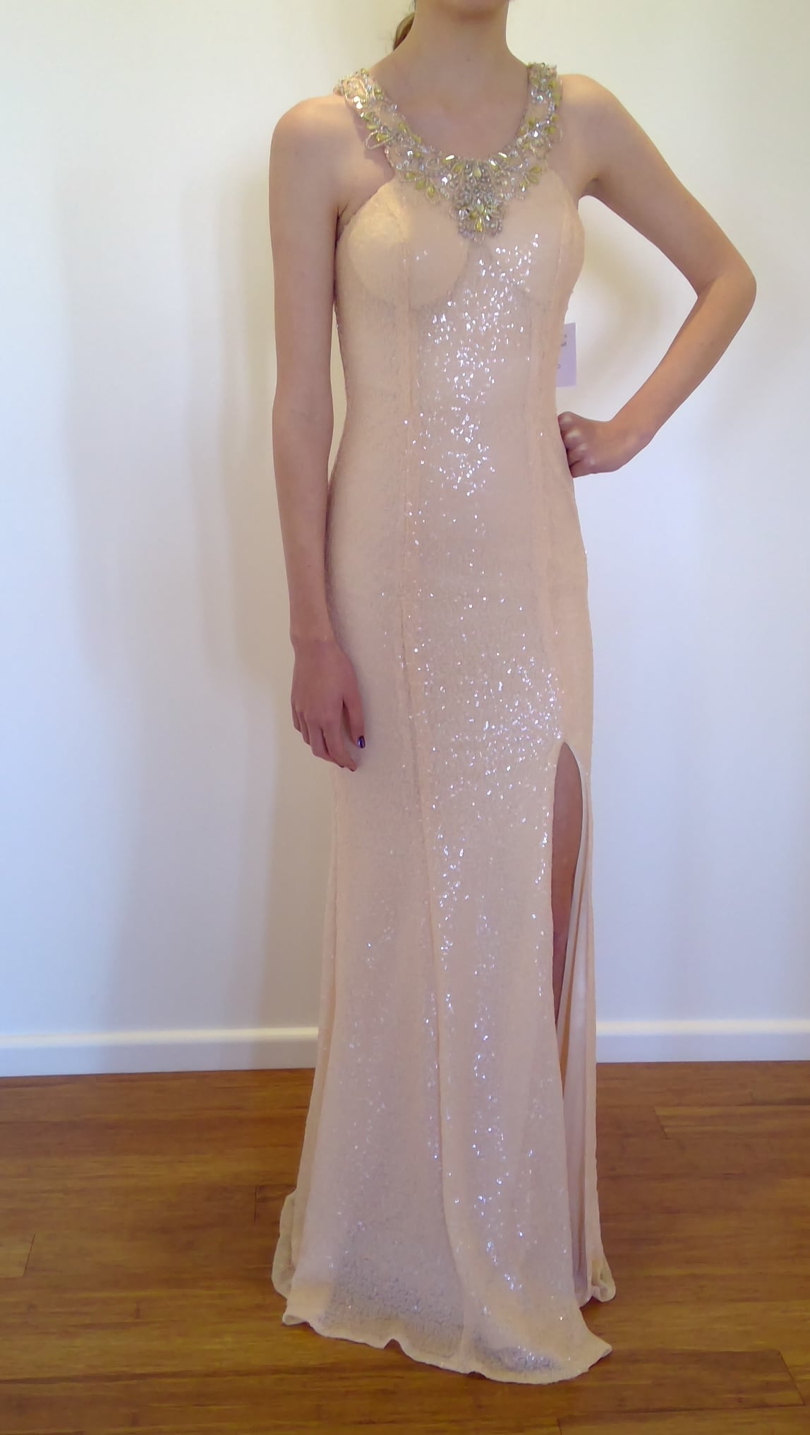 b Size 6 Peach all sequinned full length, halter neck with beading details, backless dress