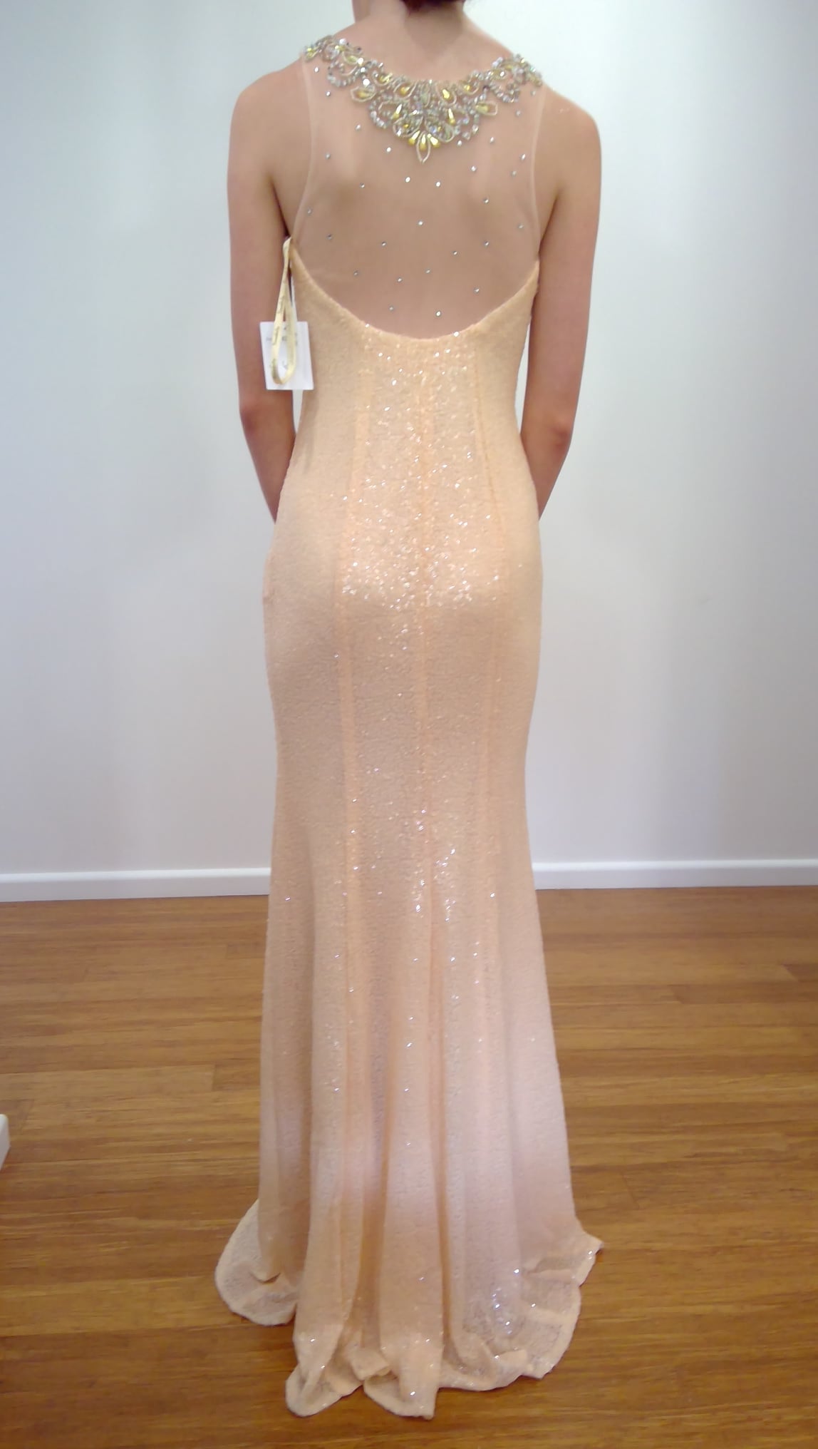 b Size 6 Peach all sequinned full length, halter neck with beading details, backless dress