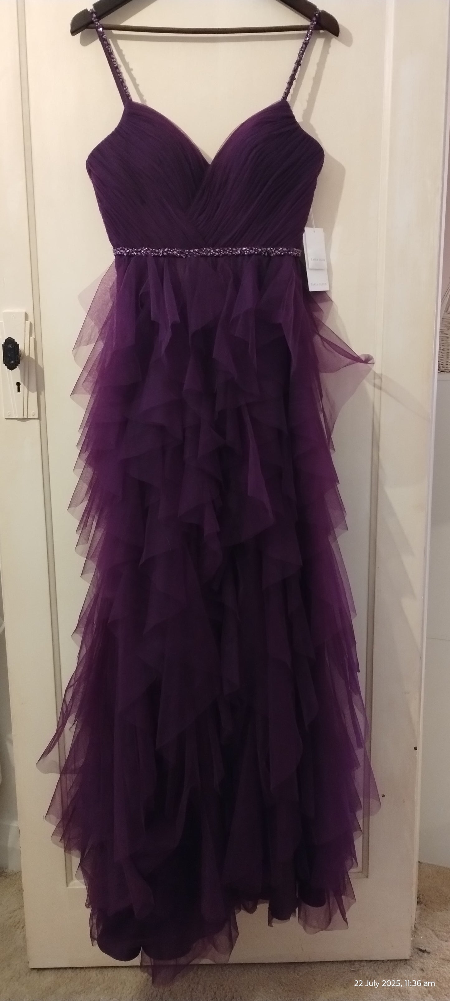 C size 8 full length purple layered tulle ruffle dress