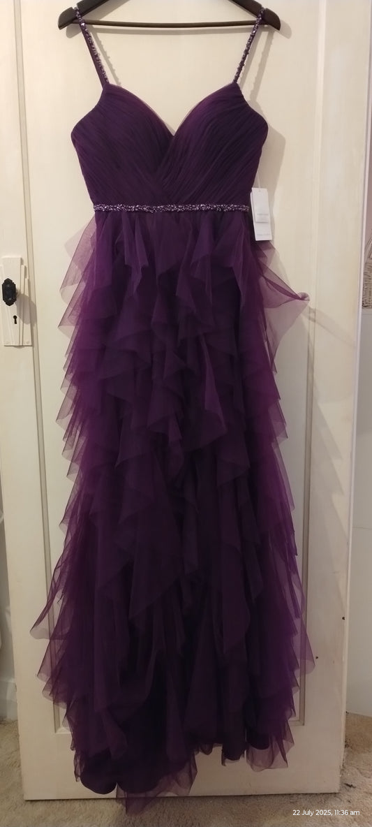 C size 8 full length purple layered tulle ruffle dress