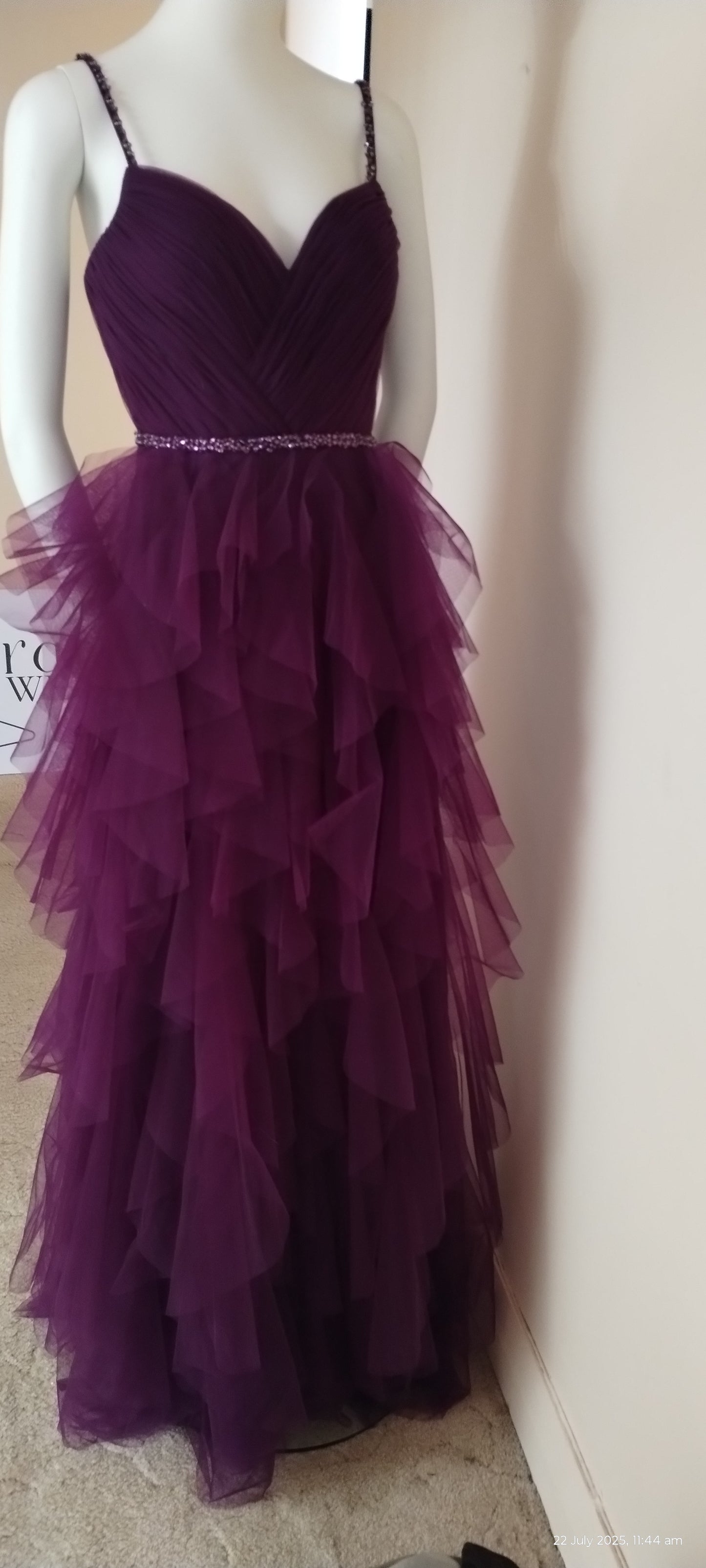 C size 8 full length purple layered tulle ruffle dress