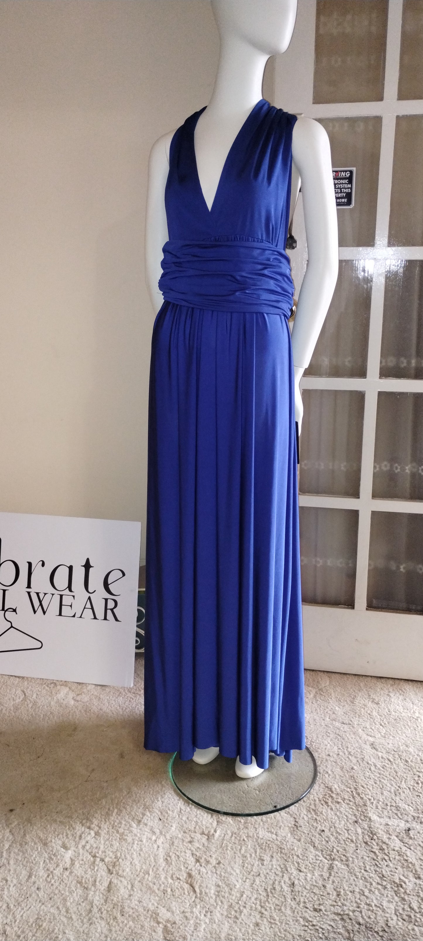 O one size fits all cobalt backless dress