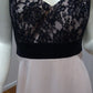 f size 14 black lace bodice, pink knee length skirt