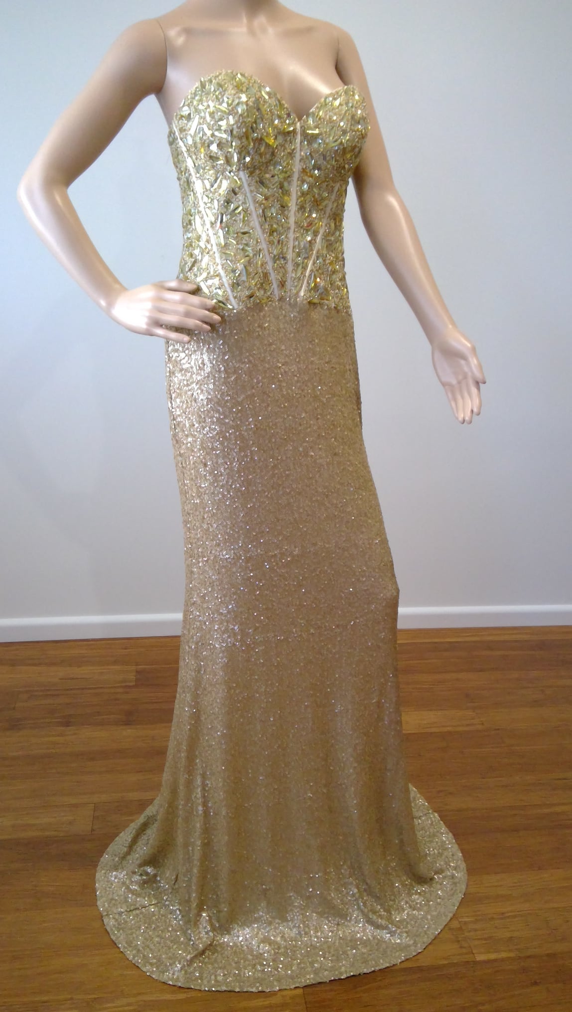 e Size 12 Gold sheath dress diamante bodice