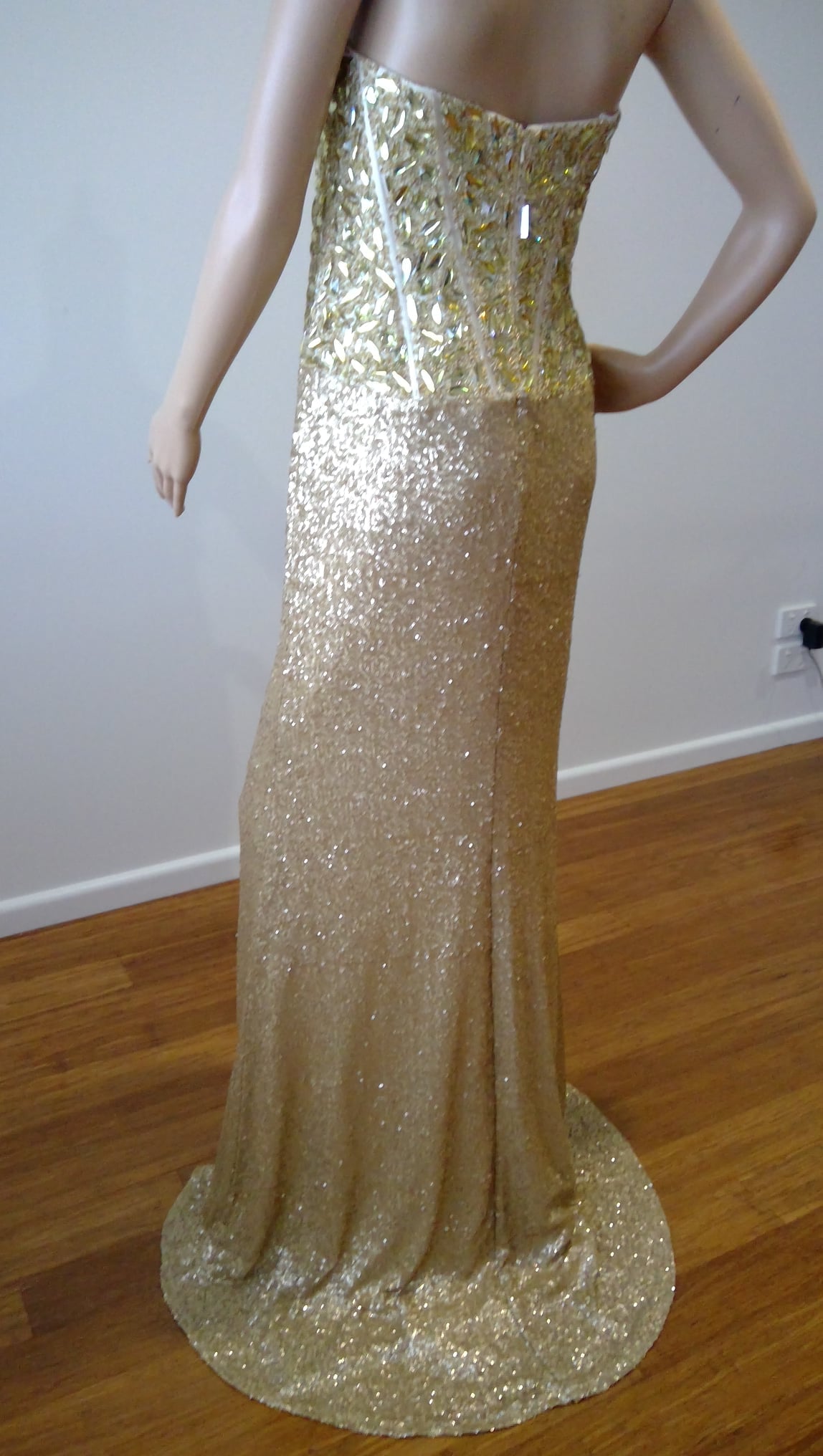 e Size 12 Gold sheath dress diamante bodice