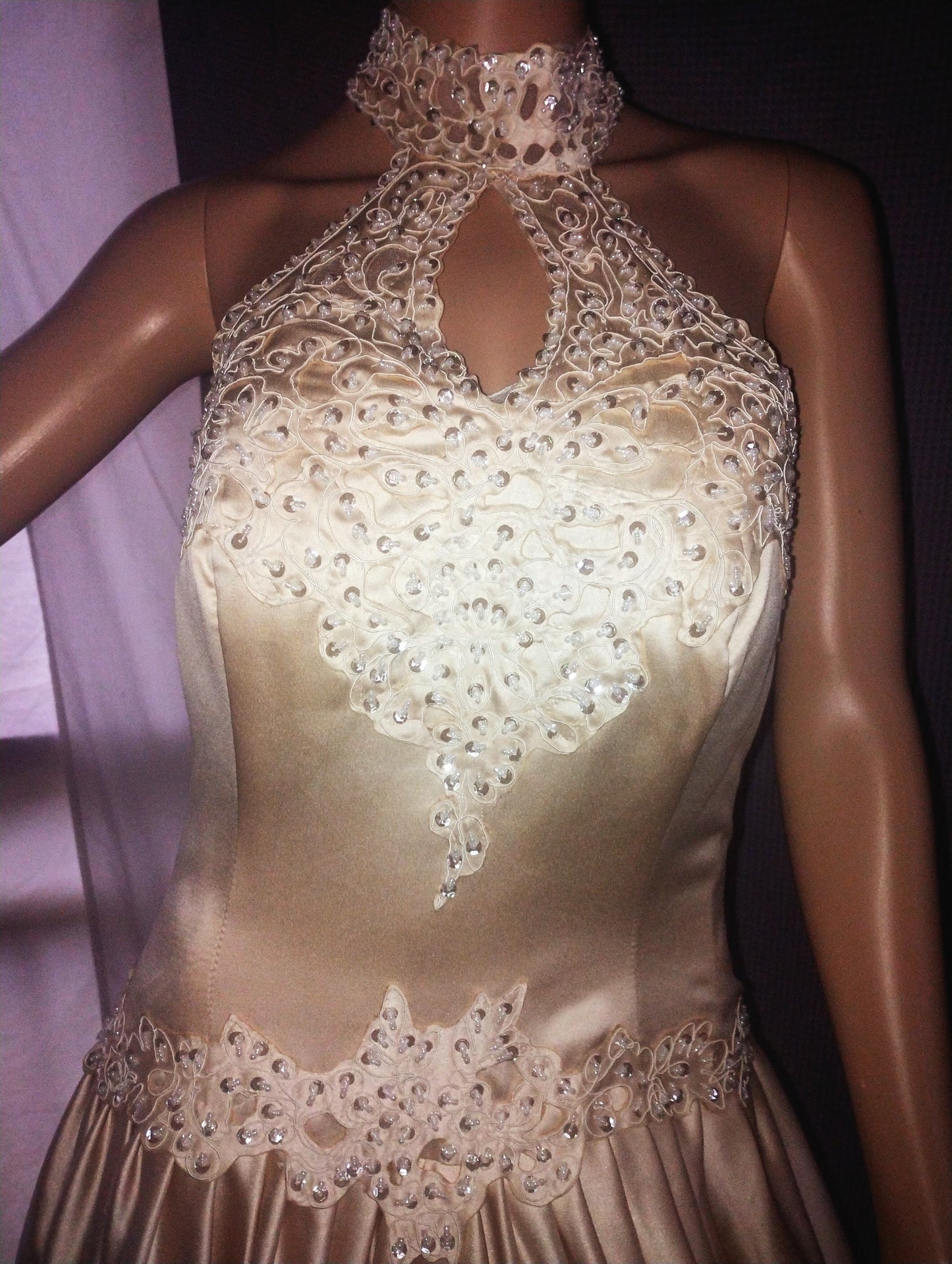 e Size 12 Gold Halter neck full skirt-detail, cutwork and beading