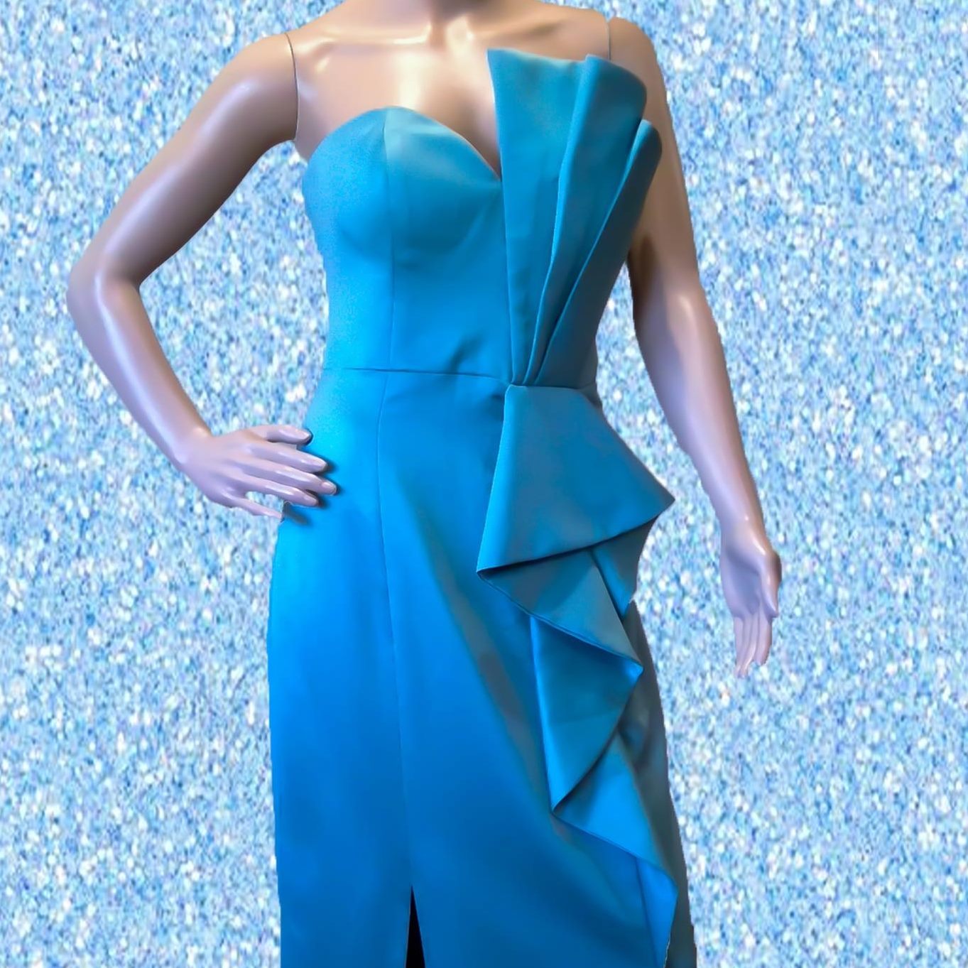 e size 12 Blue sheath with dramatic ruff detail