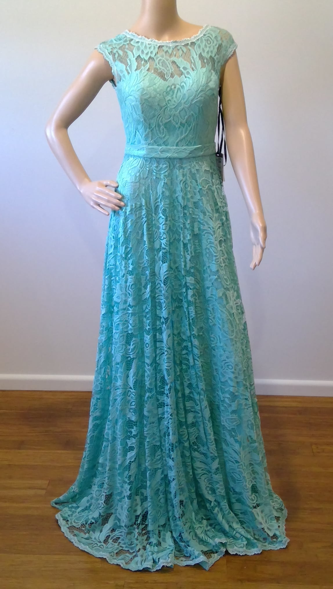 c size 8 Tiffany blue lace  deep backed dress